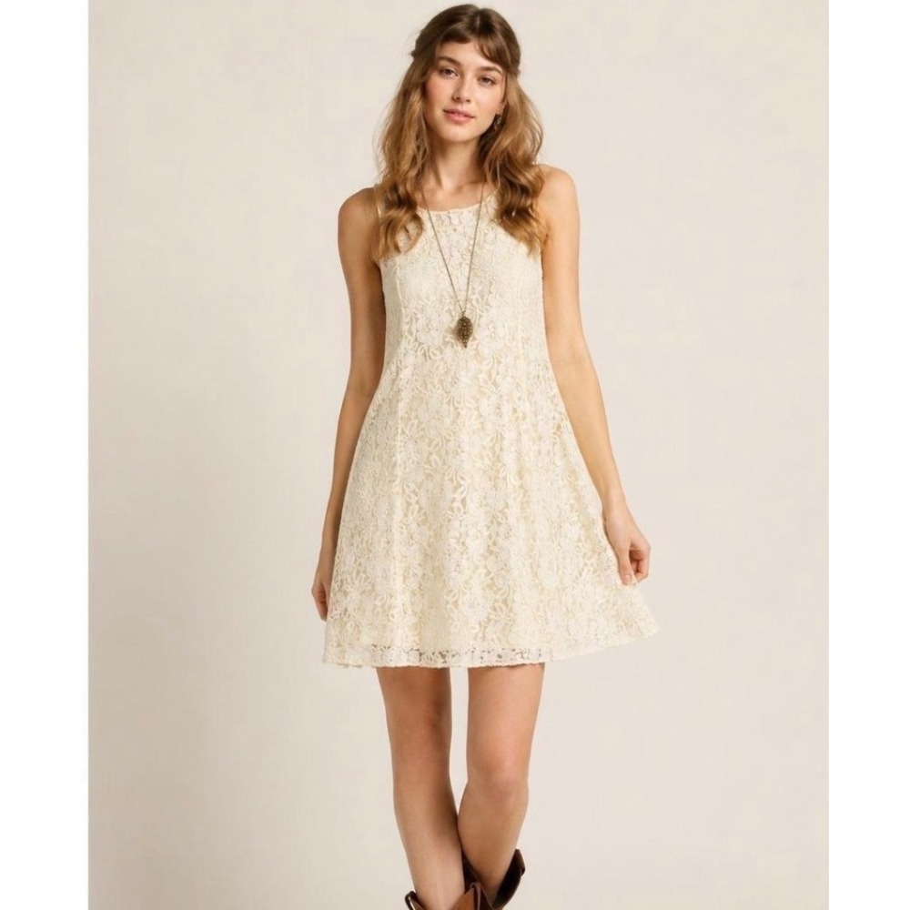 Free People Miles of Lace Cream Sleeveless Shift Mini Boho Dress L